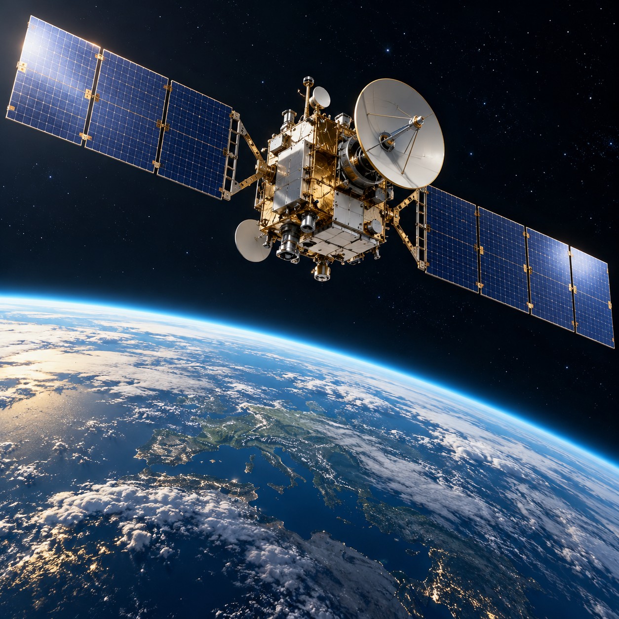 AI-generated conceptual illustration of a communications satellite above Earth